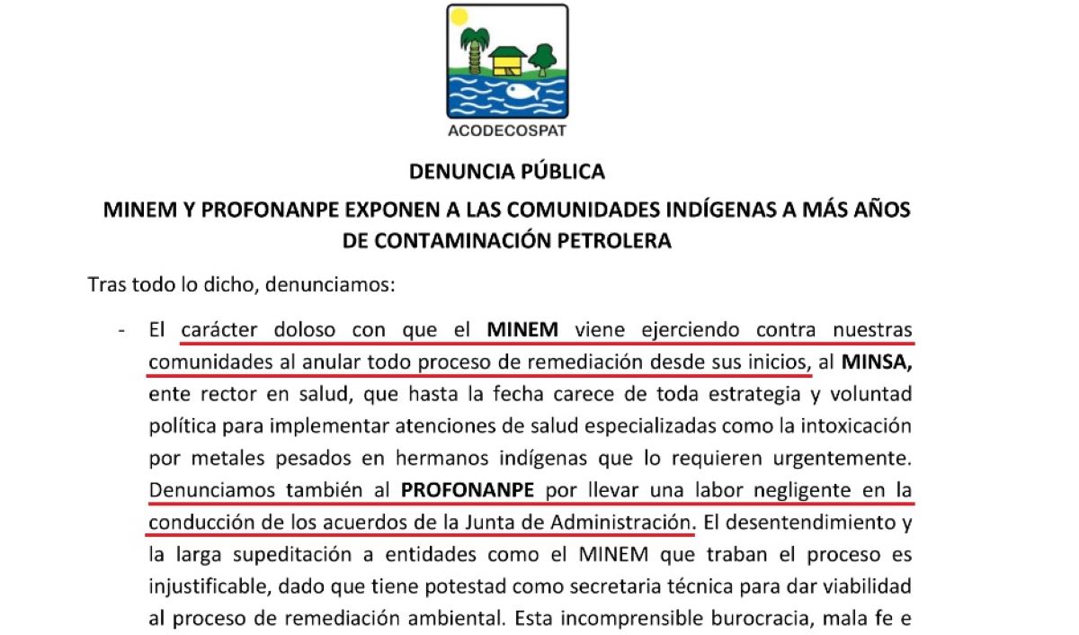 Pueblos kukama y urarinas denuncian al Minem y al Profonanpe de obstaculizar proceso de remediación ambiental