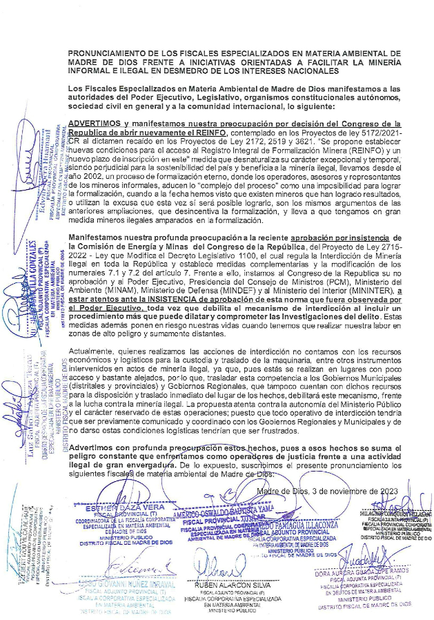 Investigarán a fiscales que se pronunciaron contra medidas que buscaban debilitar lucha contra minería ilegal