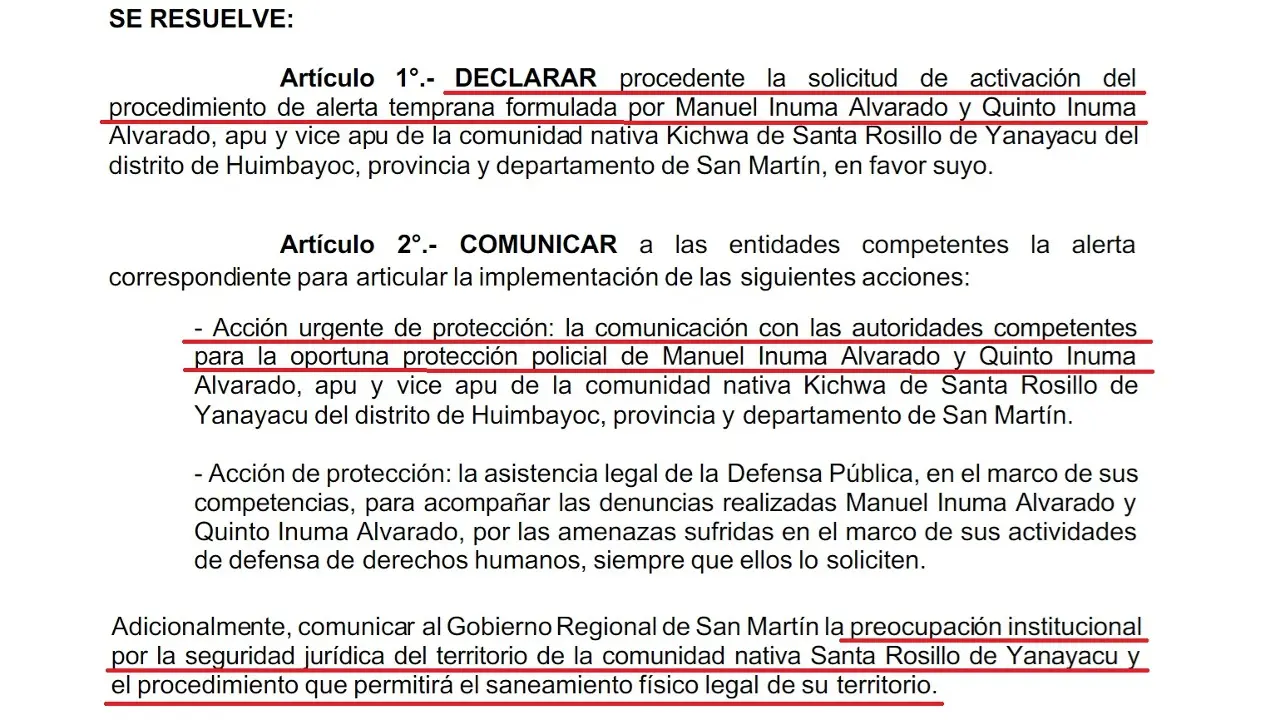 Procedimiento de Alerta Temprana activado, en 2020, a favor de Quinto y Manuel Inuma. En 2021, el Mecanismo absorbió los casos (captura de pantalla). 