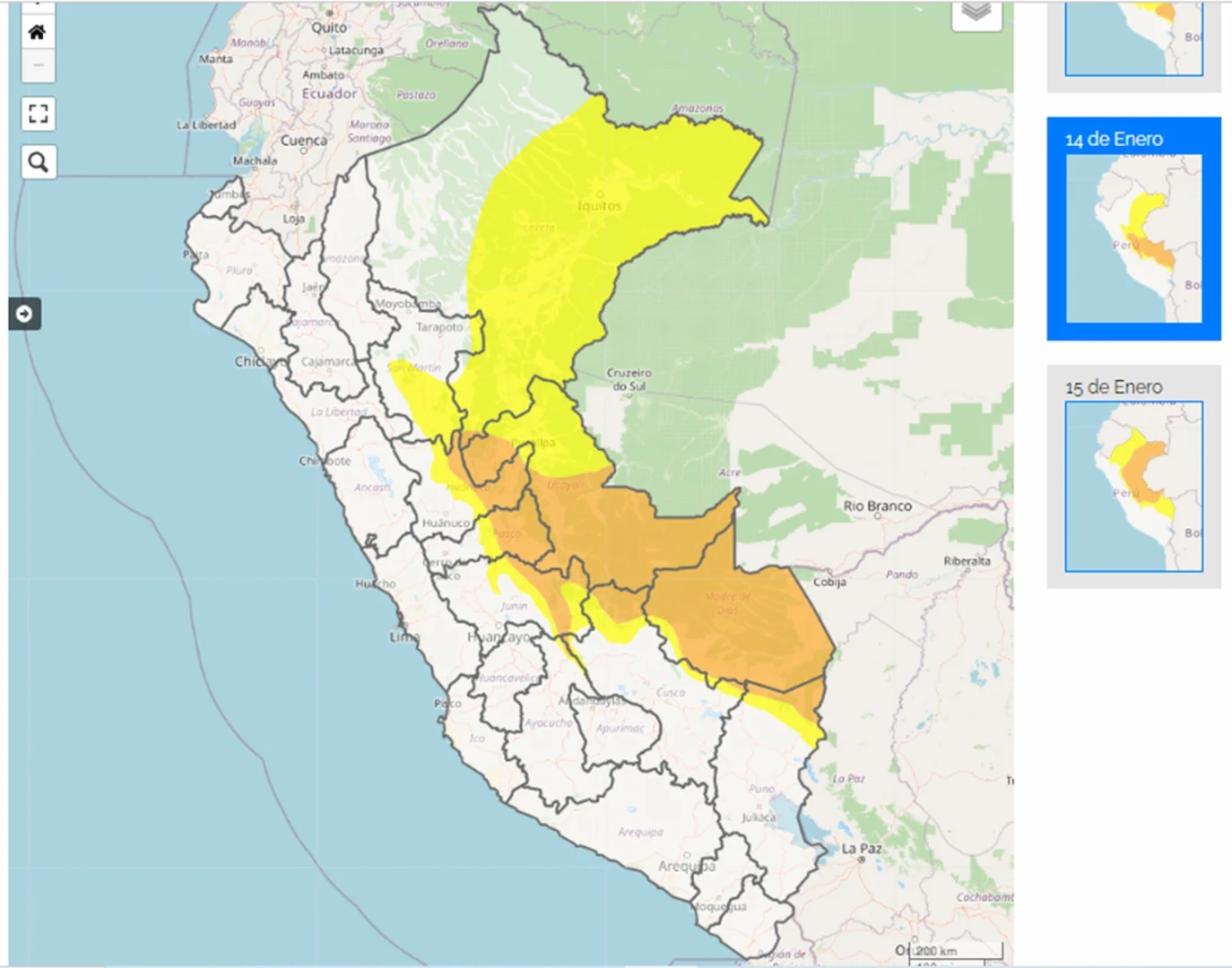 Para el domingo 14 de enero hay alerta naranja en 10 departamentos: Loreto, Huánuco, Ucayali, Pasco, Junín, Cusco, Madre de Dios, Puno, San Martín y Ayacucho. (Foto: captura Senamhi).