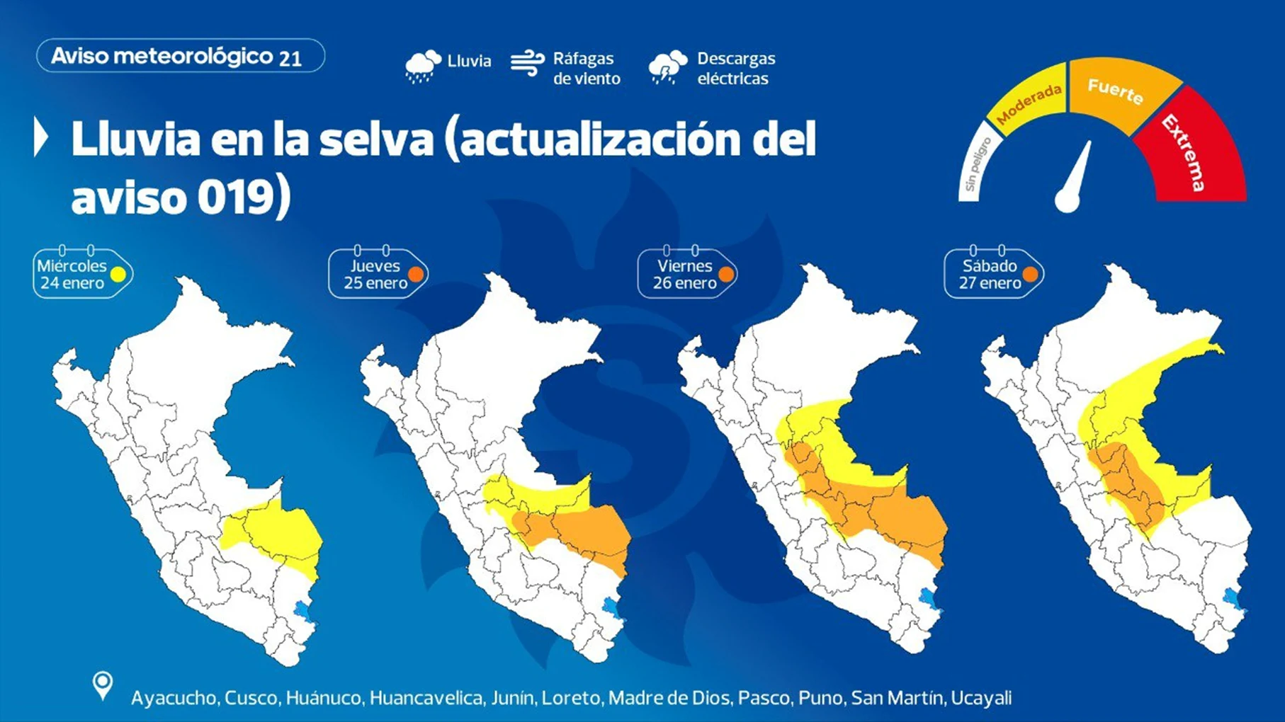 Alerta de lluvias emitida por el Senamhi. (Foto: captura de imagen del Sehamni).