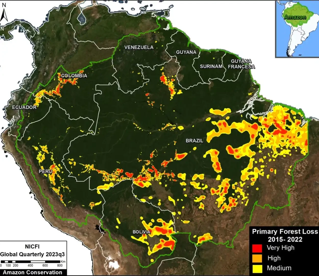Puntos críticos de pérdida de bosques amazónicos, 2015-2022 (imagen: MAAP #200).