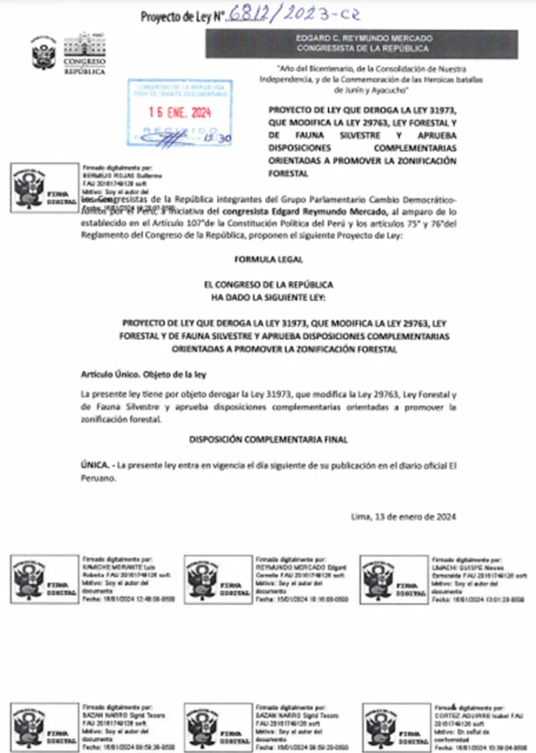 Proyecto de ley del congresista Edgard Reymundo que deroga la Ley 31973 modificatoria de la Ley 29763 Ley Forestal de Fauna Silvestre. 