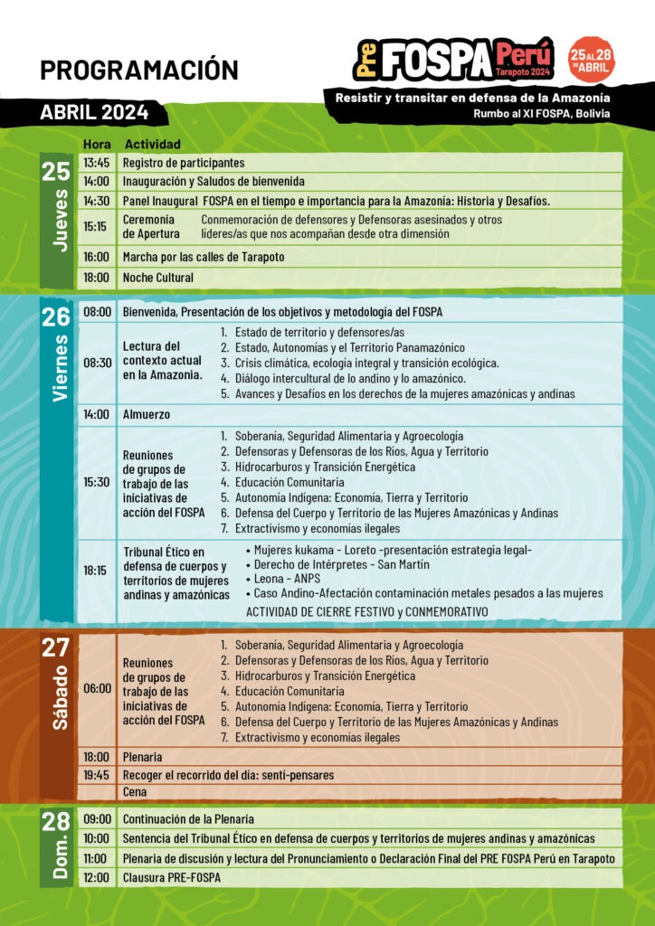 Programación del Pre Fospa Perú 2024. (Foto: Foro Social Panamazónico).