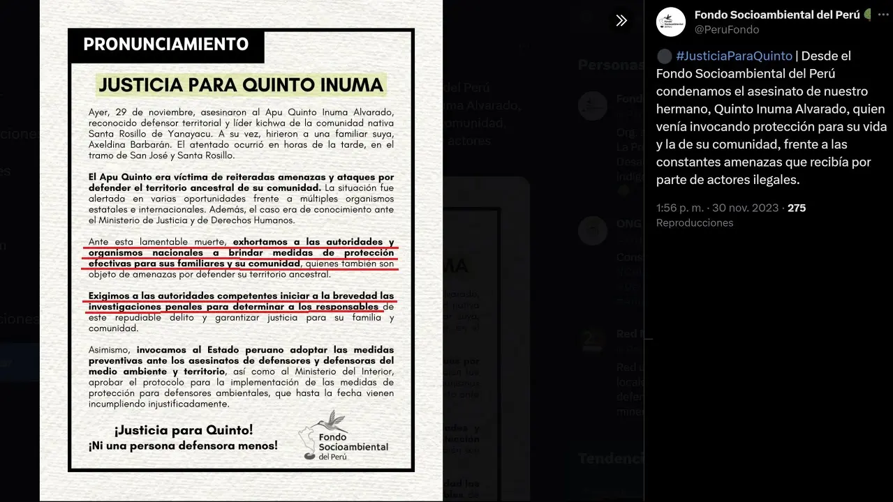 Organizaciones indígenas y no indígenas continúan condenando el asesinato del líder indígena QUinto Inuma (foto: X).