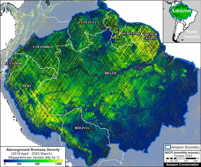El mapa muestra las métricas de biomasa sobre la Amazonía (foto: MAAP).