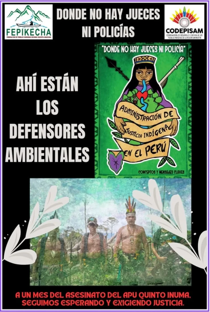 Afiche publicado por Codepisam y Fepikecha, exigiendo justicia para Quinto Inuma y su familia (foto: Fepikecha).