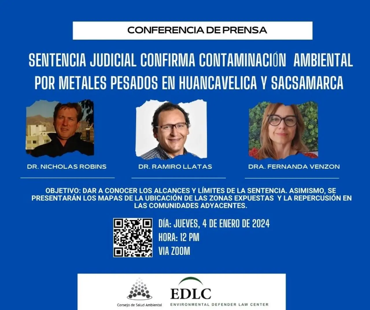 Afiche de la conferencia de prensa donde se conocerán mayores detalles de la sentencia que confirma la contaminación de metales pesados en Huancavelica.