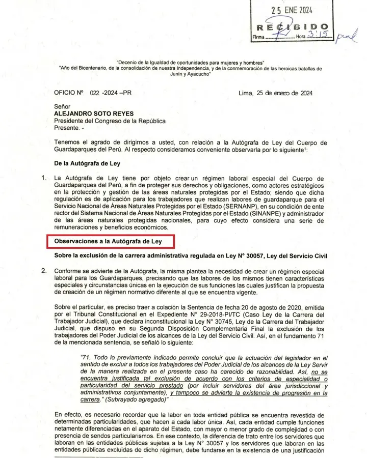 Ejecutivo envío oficio con observaciones a la Ley de Cuerpo de Guardaparques.