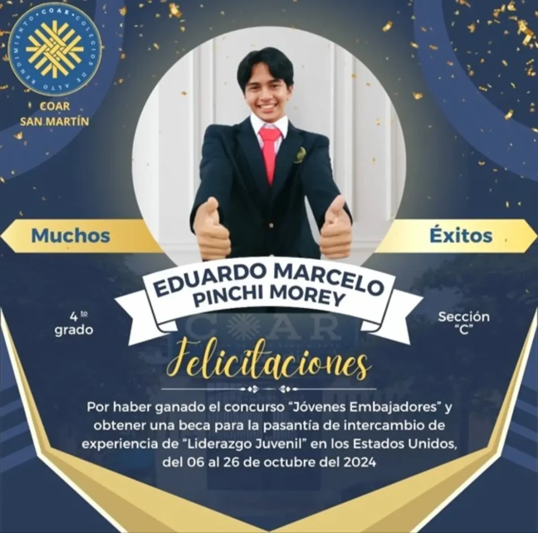 Eduardo, fue seleccionado entre muchos postulantes por su excelente desempeño académico, capacidad de liderazgo y fluidez en inglés. Foto: COAR San Martín.