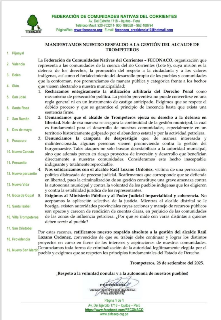 Loreto: Denuncian persecución contra alcalde de Trompeteros