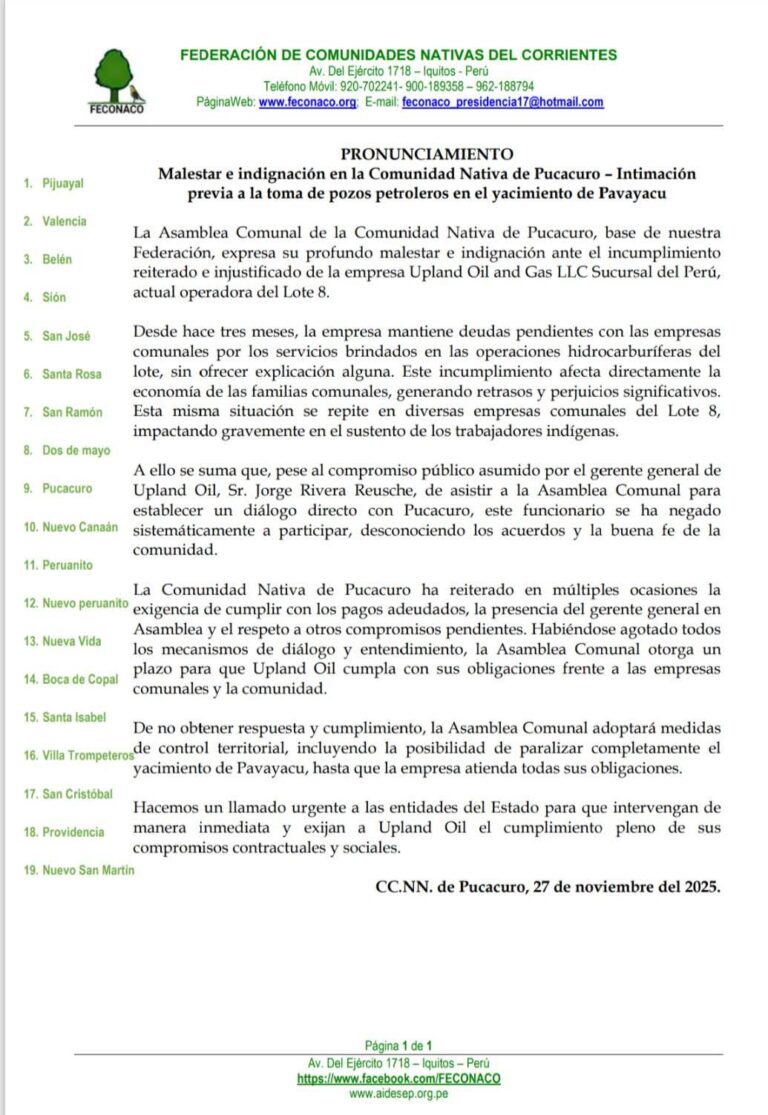 Loreto: Comunidades del Corrientes advierten toma de pozos petroleros por deuda